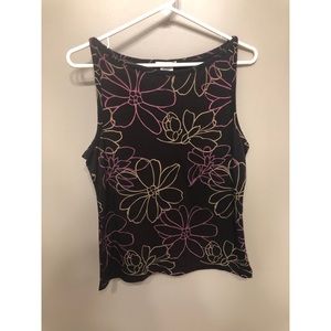 Old Navy Black Floral Tank Top with Pink and Yellow Outline Flowers